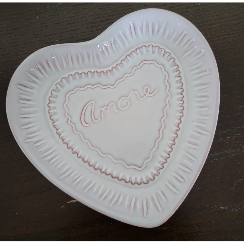Pottery Barn Amore Heart Jewelry Dish Pink Ceramic Decorative Tray approx 5"